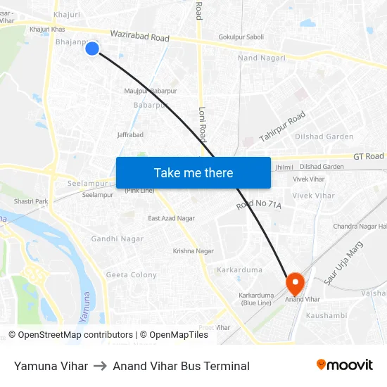 Yamuna Vihar to Anand Vihar Bus Terminal map