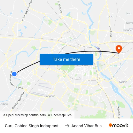 Guru Gobind Singh Indraprastha University to Anand Vihar Bus Terminal map