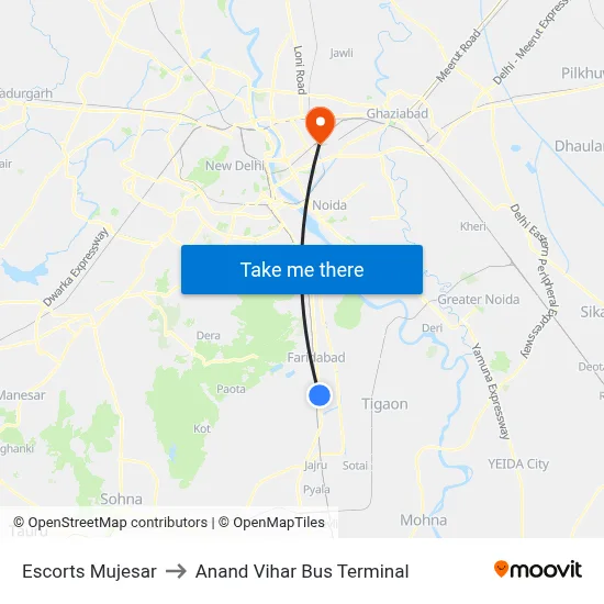 Escorts Mujesar to Anand Vihar Bus Terminal map
