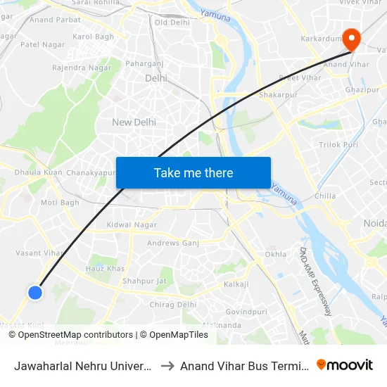 Jawaharlal Nehru University to Anand Vihar Bus Terminal map