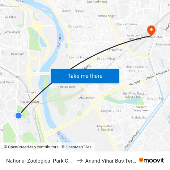 National Zoological Park Cafeteria to Anand Vihar Bus Terminal map