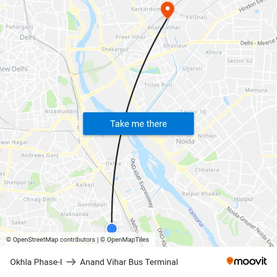 Okhla Phase-I to Anand Vihar Bus Terminal map