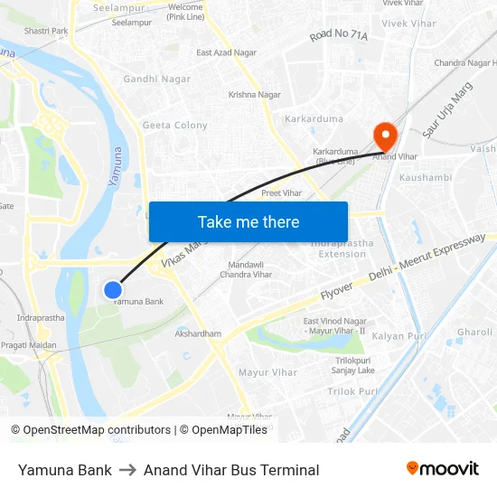 Yamuna Bank to Anand Vihar Bus Terminal map