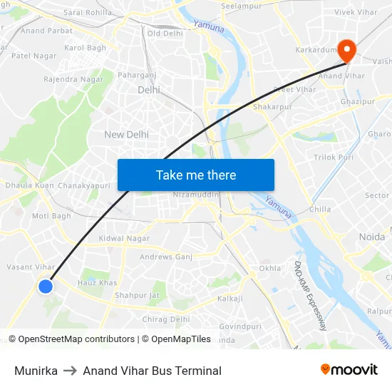 Munirka to Anand Vihar Bus Terminal map