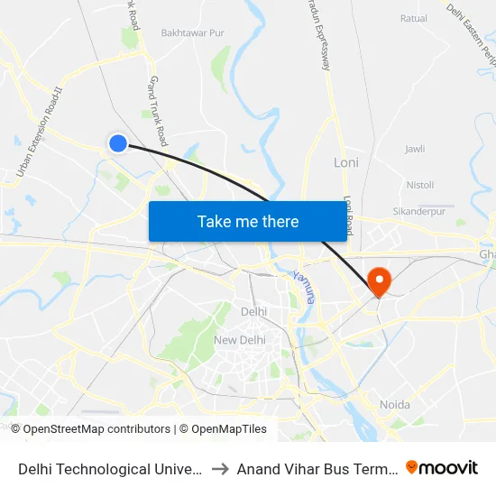 Delhi Technological University to Anand Vihar Bus Terminal map