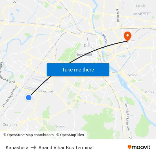 Kapashera to Anand Vihar Bus Terminal map
