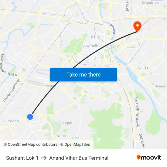 Sushant Lok 1 to Anand Vihar Bus Terminal map