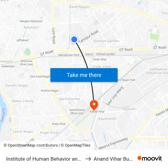 Institute of Human Behavior and Allied Sciences to Anand Vihar Bus Terminal map