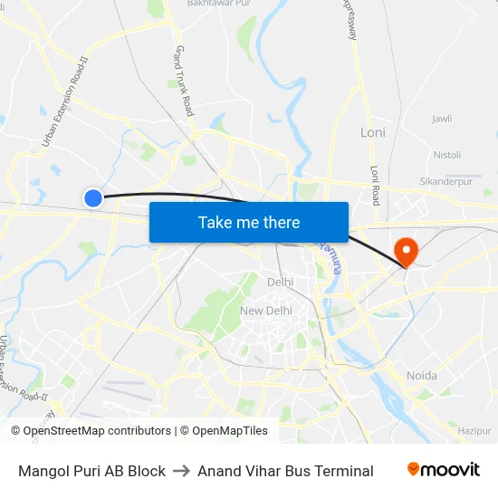 Mangol Puri AB Block to Anand Vihar Bus Terminal map