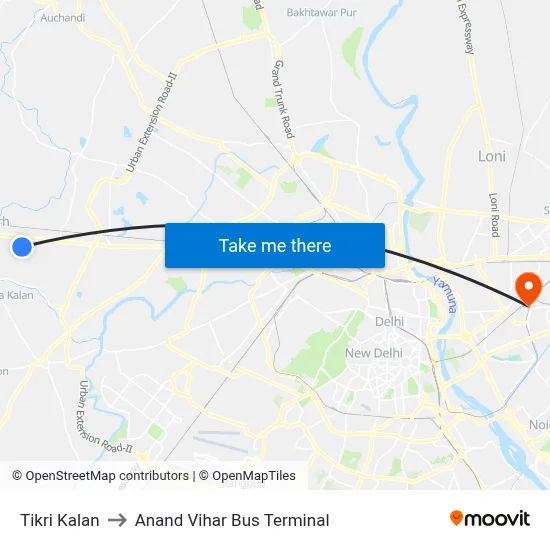 Tikri Kalan to Anand Vihar Bus Terminal map