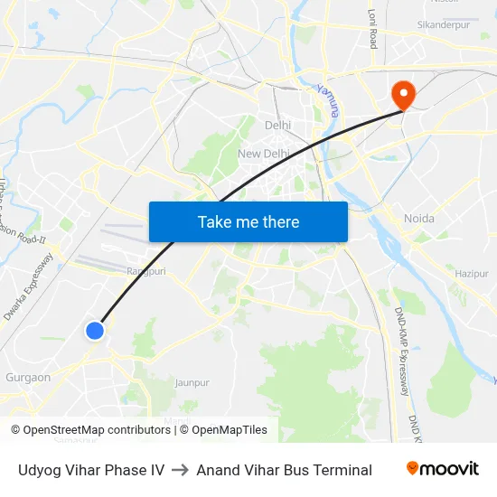 Udyog Vihar Phase IV to Anand Vihar Bus Terminal map