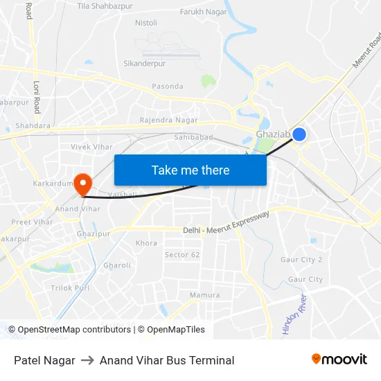 Patel Nagar to Anand Vihar Bus Terminal map