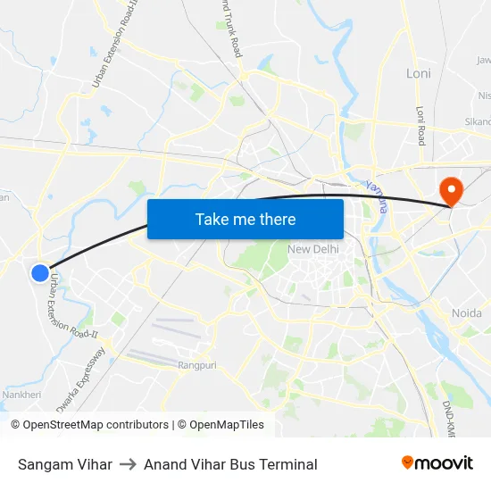 Sangam Vihar to Anand Vihar Bus Terminal map