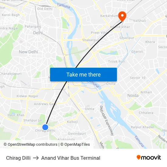Chirag Dilli to Anand Vihar Bus Terminal map