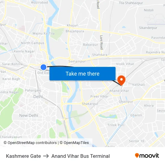 Kashmere Gate to Anand Vihar Bus Terminal map