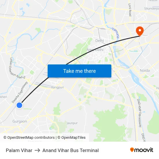 Palam Vihar to Anand Vihar Bus Terminal map