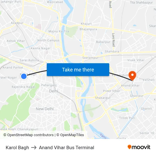 Karol Bagh to Anand Vihar Bus Terminal map