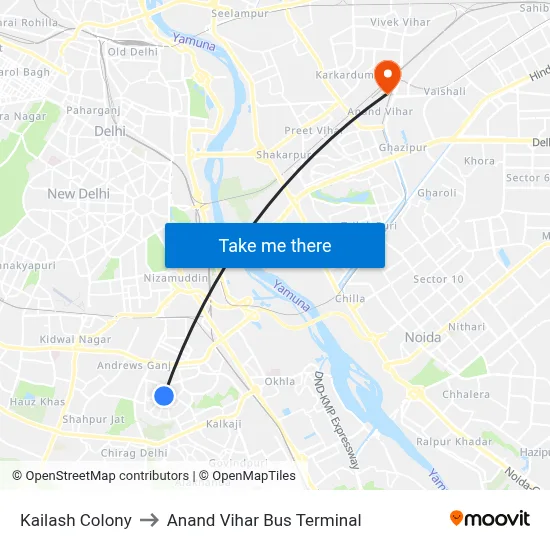 Kailash Colony to Anand Vihar Bus Terminal map