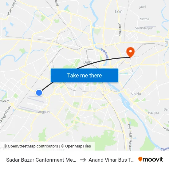 Sadar Bazar Cantonment Metro Station to Anand Vihar Bus Terminal map