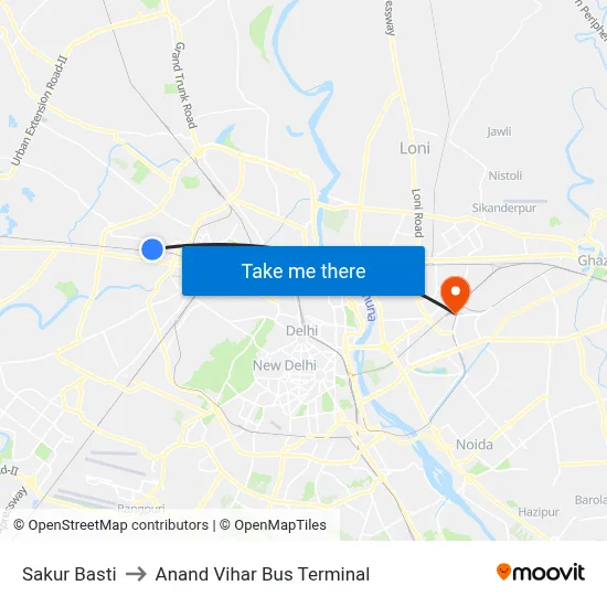 Sakur Basti to Anand Vihar Bus Terminal map