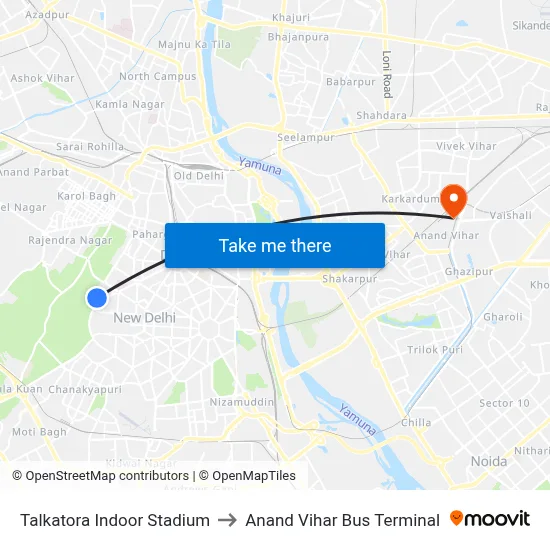 Talkatora Indoor Stadium to Anand Vihar Bus Terminal map