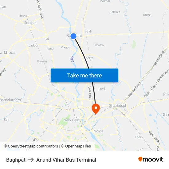Baghpat to Anand Vihar Bus Terminal map