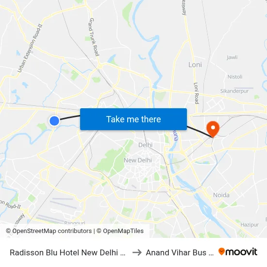 Radisson Blu Hotel New Delhi Paschim Vihar to Anand Vihar Bus Terminal map