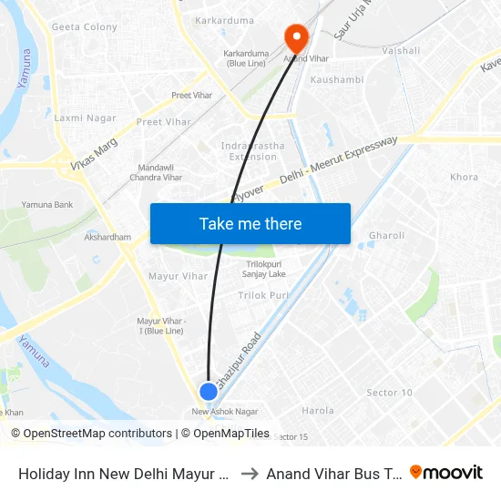Holiday Inn New Delhi Mayur Vihar Noida to Anand Vihar Bus Terminal map