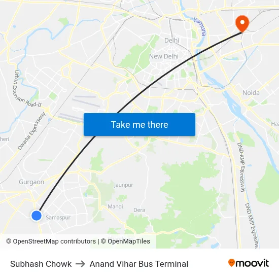 सुभाष चौक to आनंद विहार बस टर्मिनल map