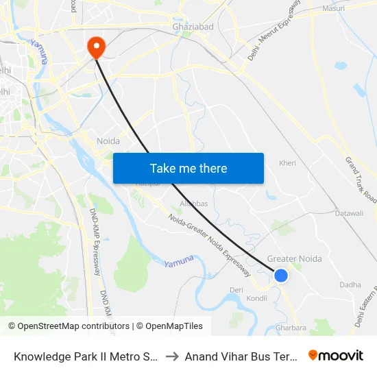 Knowledge Park II Metro Station to Anand Vihar Bus Terminal map