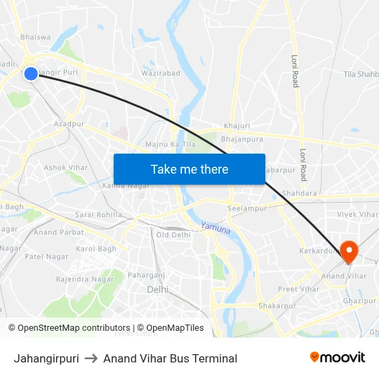 Jahangirpuri to Anand Vihar Bus Terminal map