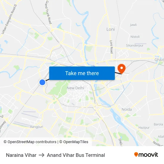 Naraina Vihar to Anand Vihar Bus Terminal map