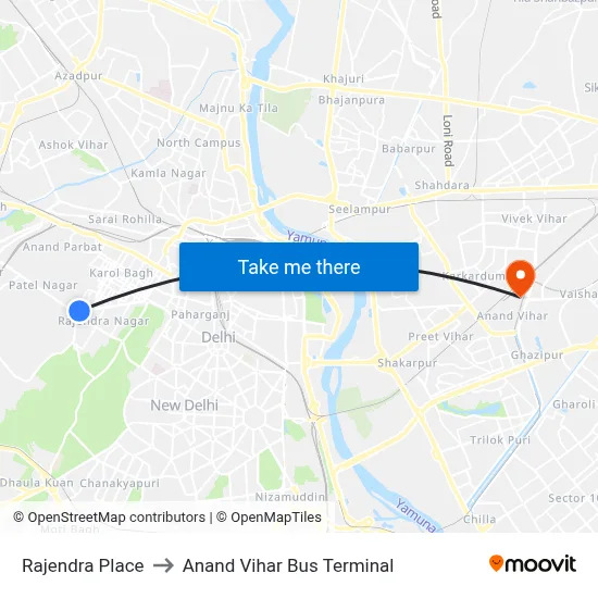 Rajendra Place to Anand Vihar Bus Terminal map