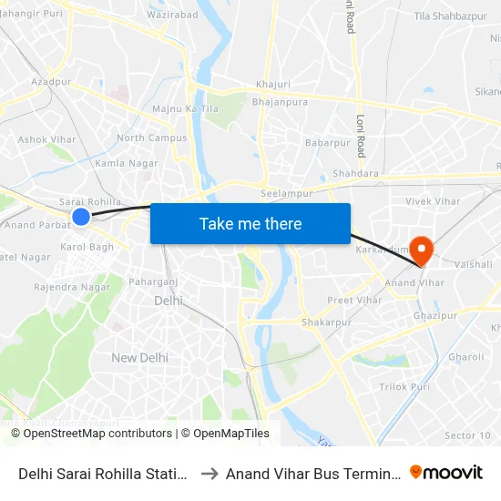 Delhi Sarai Rohilla Station to Anand Vihar Bus Terminal map