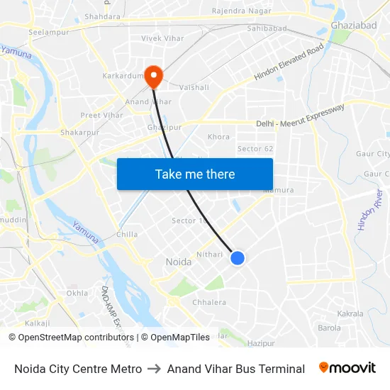 Noida City Centre Metro to Anand Vihar Bus Terminal map