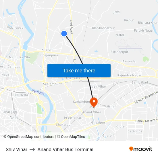 Shiv Vihar to Anand Vihar Bus Terminal map