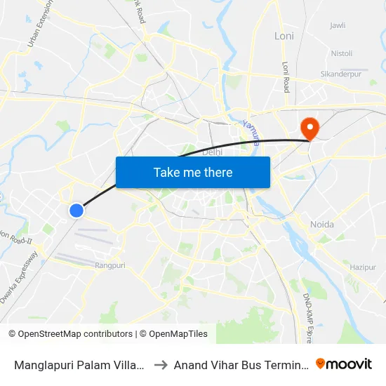 Manglapuri Palam Village to Anand Vihar Bus Terminal map