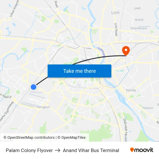 Palam Colony Flyover to Anand Vihar Bus Terminal map