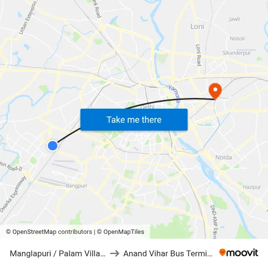 Manglapuri / Palam Village to Anand Vihar Bus Terminal map