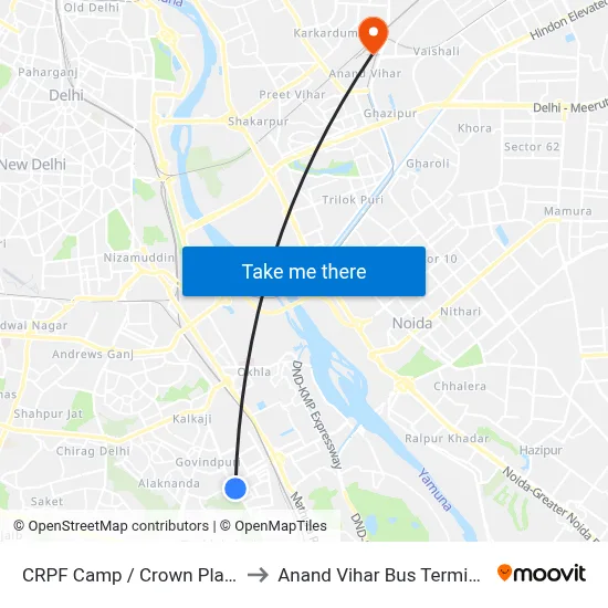CRPF Camp / Crown Plaza to Anand Vihar Bus Terminal map