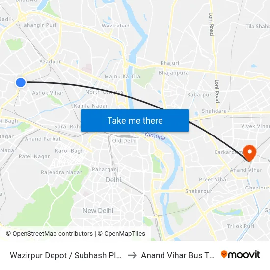 Wazirpur Depot / Subhash Place Depot to Anand Vihar Bus Terminal map