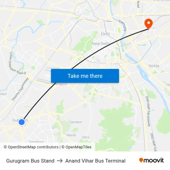 Gurugram Bus Stand to Anand Vihar Bus Terminal map