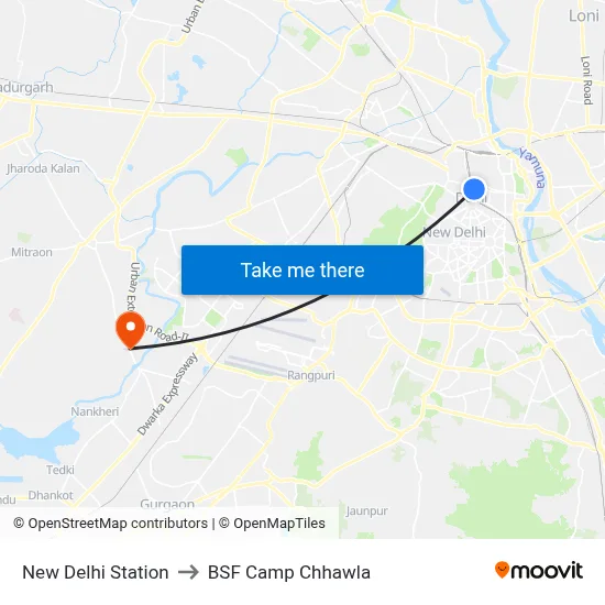 New Delhi Station to BSF Camp Chhawla map