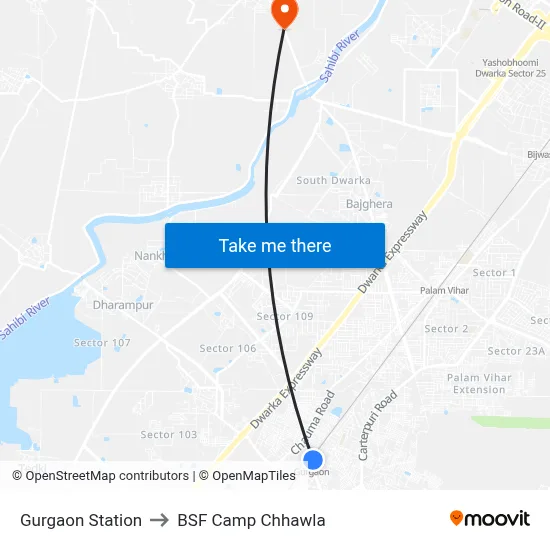 Gurgaon Station to BSF Camp Chhawla map