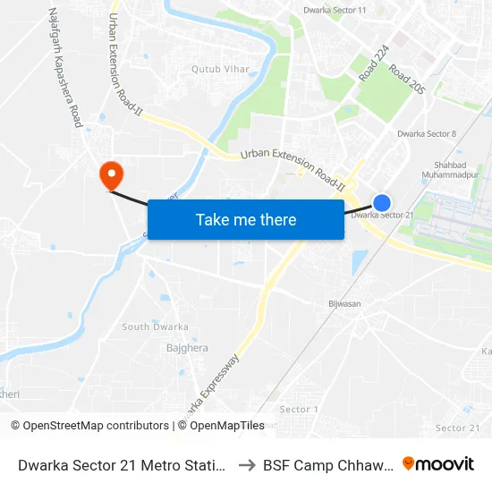Dwarka Sector 21 Metro Station to BSF Camp Chhawla map