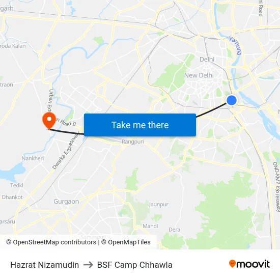 Hazrat Nizamudin to BSF Camp Chhawla map