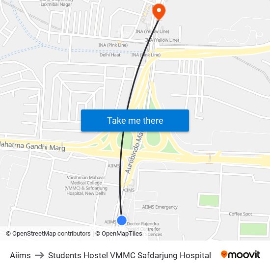 Aiims to Students Hostel VMMC Safdarjung Hospital map