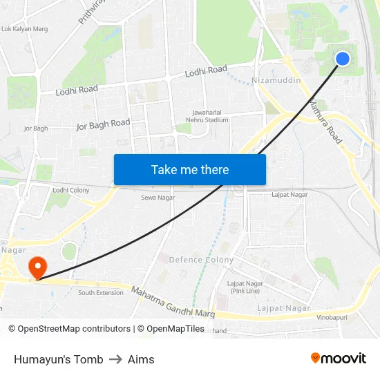 Humayun's Tomb to Aims map