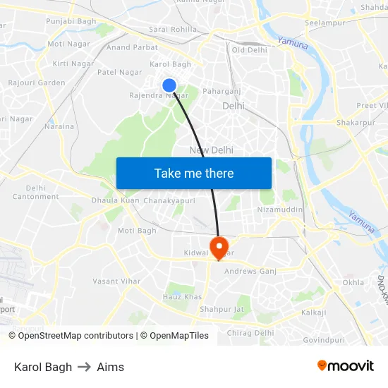 Karol Bagh to Aims map