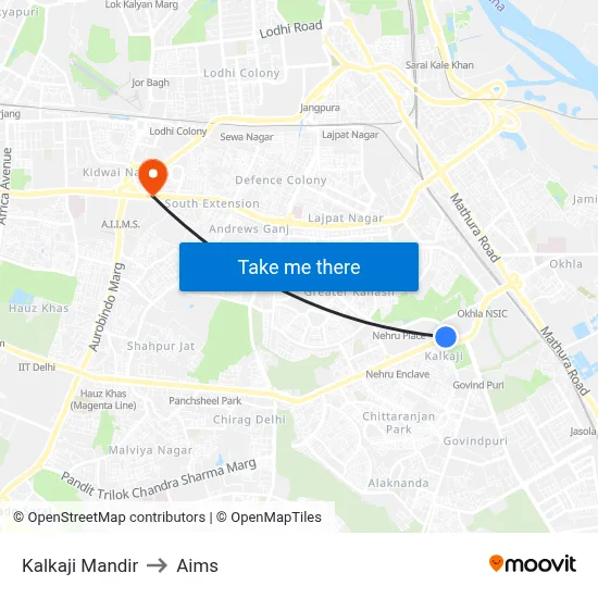 Kalkaji Mandir to Aims map